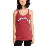 Young female wearing a Aloha Tribe Hawaii racerback tank top that has Hawaii themed graphic logos on the front.