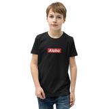Preteen model wearing a Aloha Tribe Hawaii T-shirt that has a Hawaii themed graphic logo on the front.