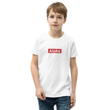 Preteen model wearing a Aloha Tribe Hawaii T-shirt that has a Hawaii themed graphic logo on the front.