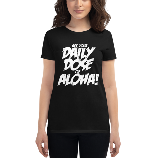 Young female wearing a Aloha Tribe Hawaii shirt that has a Hawaii themed graphic logo on the front.