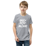 Preteen model wearing a Aloha Tribe Hawaii T-shirt that has a Hawaii themed graphic logo on the front.