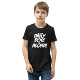 Preteen model wearing a Aloha Tribe Hawaii T-shirt that has a Hawaii themed graphic logo on the front.