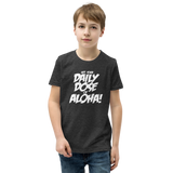 Preteen model wearing a Aloha Tribe Hawaii T-shirt that has a Hawaii themed graphic logo on the front.