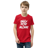 Preteen model wearing a Aloha Tribe Hawaii T-shirt that has a Hawaii themed graphic logo on the front.