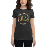Young female wearing a Aloha Tribe Hawaii shirt that has a Hawaii themed graphic logo on the front.