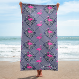 Aloha Tribe Hawaii large beach towel with pattern of lines and flamingo themed graphic print.