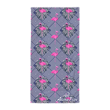 Aloha Tribe Hawaii large beach towel with pattern of lines and flamingo themed graphic print.