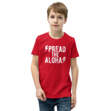 Preteen model wearing a Aloha Tribe Hawaii T-shirt that has a Hawaii themed graphic logo on the front.