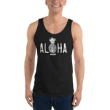 Young model wearing a Alter Ego Hawaii unisex tank top that has a Hawaii themed graphic logo on the front.