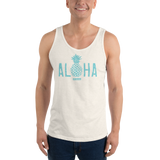 Young model wearing a Alter Ego Hawaii unisex tank top that has a Hawaii themed graphic logo on the front.