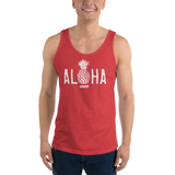 Young model wearing a Alter Ego Hawaii unisex tank top that has a Hawaii themed graphic logo on the front.