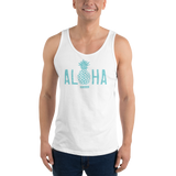 Young model wearing a Alter Ego Hawaii unisex tank top that has a Hawaii themed graphic logo on the front.