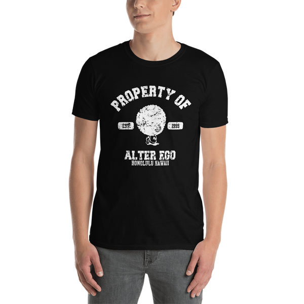 Young male adult wearing a Alter Ego Hawaii T-shirt that has a Hawaii themed graphic logo on the front.