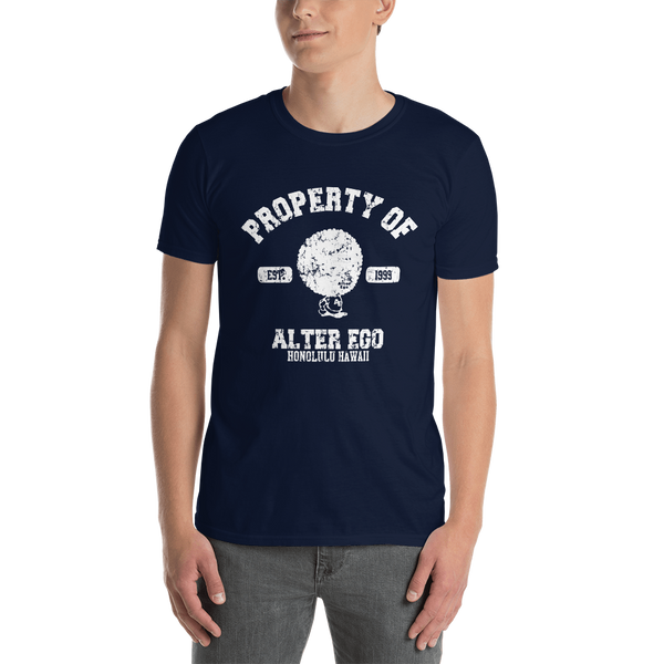 Young male adult wearing a Alter Ego Hawaii T-shirt that has a Hawaii themed graphic logo on the front.