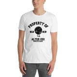 Young male adult wearing a Alter Ego Hawaii T-shirt that has a Hawaii themed graphic logo on the front.