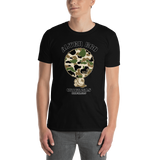Young male adult wearing a Alter Ego Hawaii T-shirt that has a Hawaii themed graphic logo on the front.