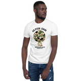 Young male adult wearing a Alter Ego Hawaii T-shirt that has a Hawaii themed graphic logo on the front.