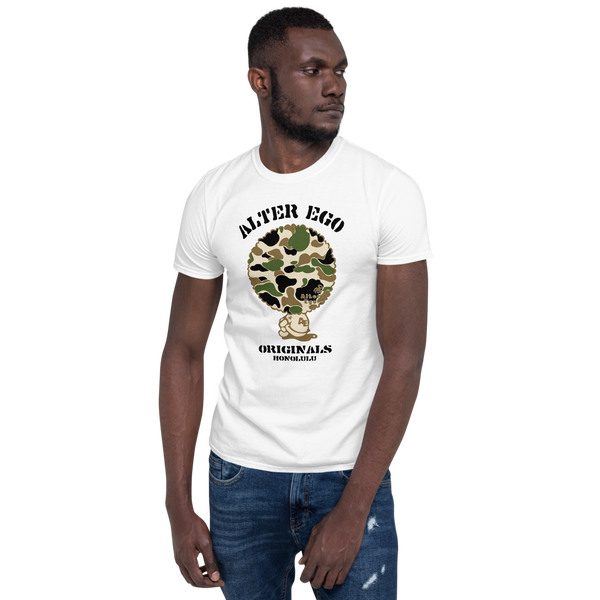 Young male adult wearing a Alter Ego Hawaii T-shirt that has a Hawaii themed graphic logo on the front.