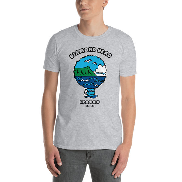 Young male adult wearing a Alter Ego Hawaii T-shirt that has a Hawaii themed graphic logo on the front.