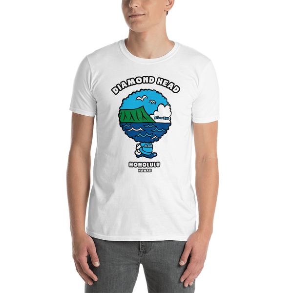 Young male adult wearing a Alter Ego Hawaii T-shirt that has a Hawaii themed graphic logo on the front.