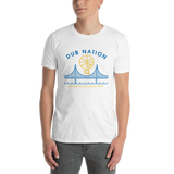 Young male adult wearing a Alter Ego Hawaii T-shirt that has a Hawaii themed graphic logo on the front.