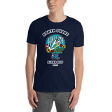 Young male adult wearing a Alter Ego Hawaii T-shirt that has a Hawaii themed graphic logo on the front.