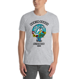 Young male adult wearing a Alter Ego Hawaii T-shirt that has a Hawaii themed graphic logo on the front.