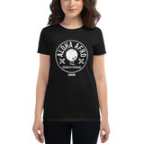 Young female wearing a Alter Ego Hawaii shirt that has a Hawaii themed graphic logo on the front.