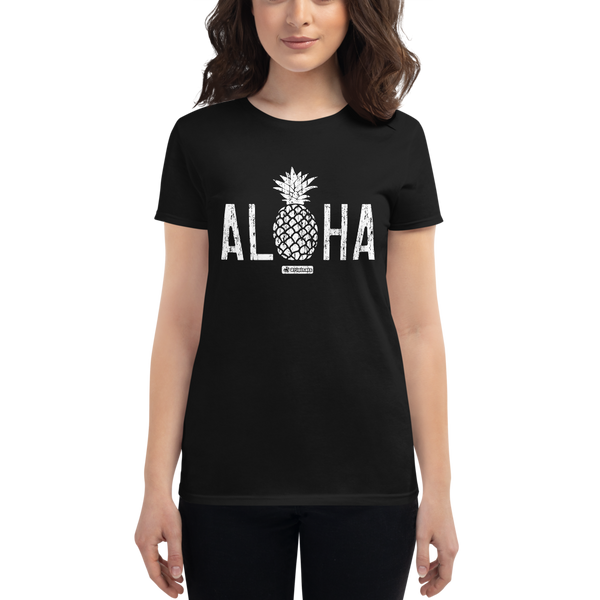 Young female wearing a Alter Ego Hawaii shirt that has a Hawaii themed graphic logo on the front.