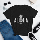 Young female wearing a Alter Ego Hawaii shirt that has a Hawaii themed graphic logo on the front.