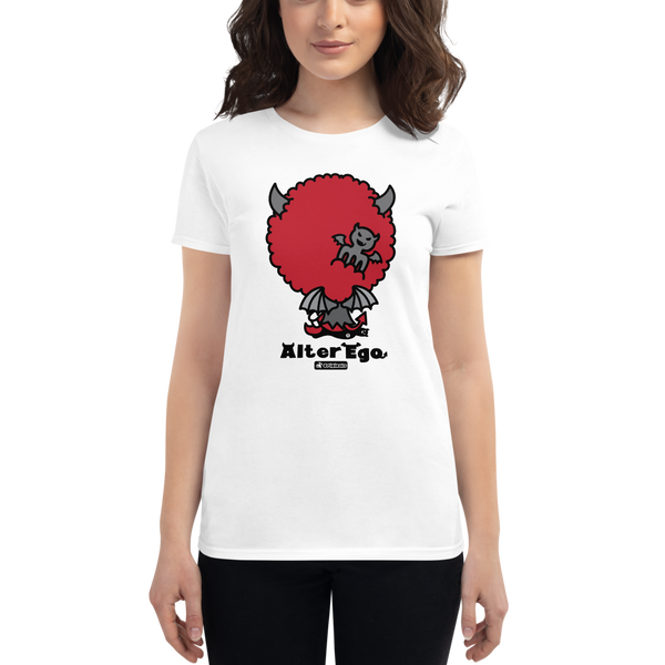 Young female wearing a Alter Ego Hawaii shirt that has a Hawaii themed graphic logo on the front.