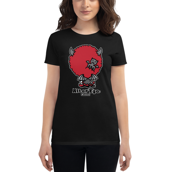 Young female wearing a Alter Ego Hawaii shirt that has a Hawaii themed graphic logo on the front.