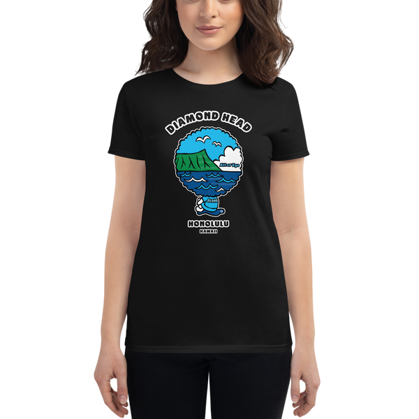 Young female wearing a Alter Ego Hawaii shirt that has a Hawaii themed graphic logo on the front.