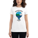Young female wearing a Alter Ego Hawaii shirt that has a Hawaii themed graphic logo on the front.