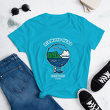 Young female wearing a Alter Ego Hawaii shirt that has a Hawaii themed graphic logo on the front.