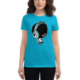 Young female wearing a Alter Ego Hawaii shirt that has a Hawaii themed graphic logo on the front.