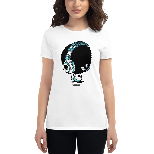 Young female wearing a Alter Ego Hawaii shirt that has a Hawaii themed graphic logo on the front.