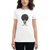 Young female wearing a Alter Ego Hawaii shirt that has a Hawaii themed graphic logo on the front.