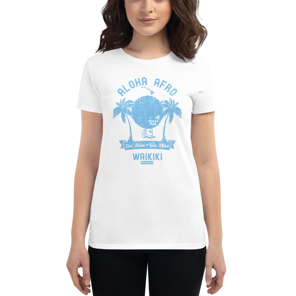 Young female wearing a Alter Ego Hawaii shirt that has a Hawaii themed graphic logo on the front.