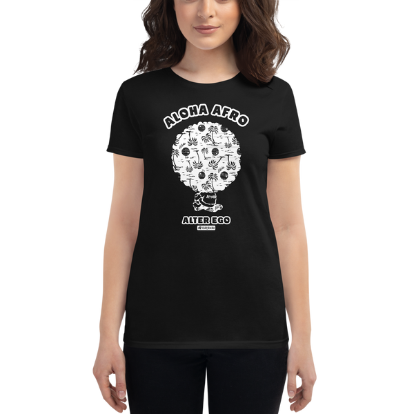 Young female wearing a Alter Ego Hawaii shirt that has a Hawaii themed graphic logo on the front.