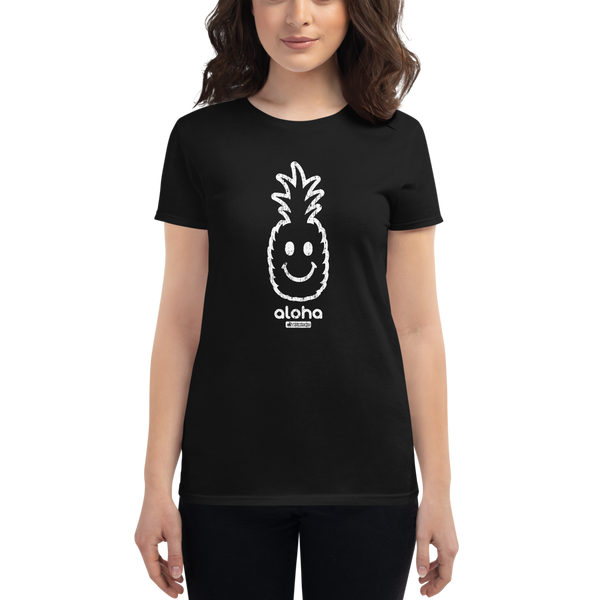 Young female wearing a Alter Ego Hawaii shirt that has a Hawaii themed graphic logo on the front.