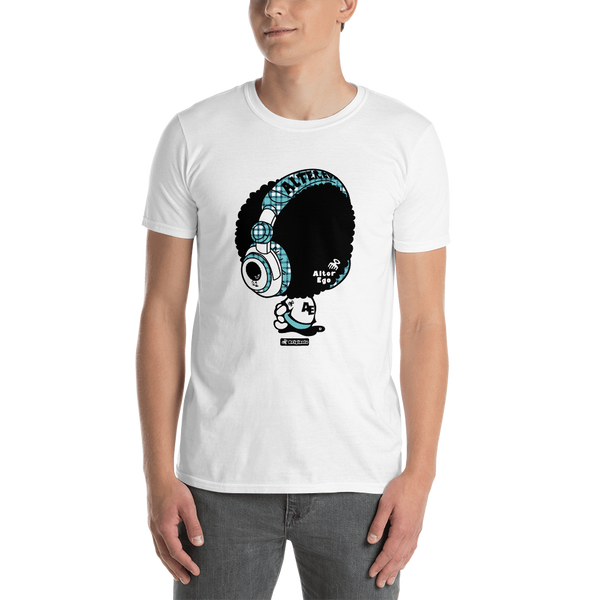 Young male adult wearing a Alter Ego Hawaii T-shirt that has a Hawaii themed graphic logo on the front.