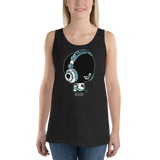 Young model wearing a Alter Ego Hawaii unisex tank top that has a Hawaii themed graphic logo on the front.