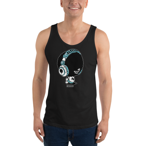 Young model wearing a Alter Ego Hawaii unisex tank top that has a Hawaii themed graphic logo on the front.