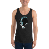 Young model wearing a Alter Ego Hawaii unisex tank top that has a Hawaii themed graphic logo on the front.