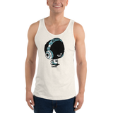 Young model wearing a Alter Ego Hawaii unisex tank top that has a Hawaii themed graphic logo on the front.