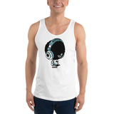 Young model wearing a Alter Ego Hawaii unisex tank top that has a Hawaii themed graphic logo on the front.