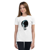 Preteen model wearing a Alter Ego Hawaii T-shirt that has a Hawaii themed graphic logo on the front.