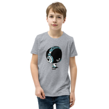 Preteen model wearing a Alter Ego Hawaii T-shirt that has a Hawaii themed graphic logo on the front.