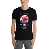 Young male adult wearing a Alter Ego Hawaii T-shirt that has a Hawaii themed graphic logo on the front.